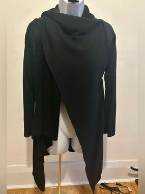 Sarah Pacini Made in Italy Black Open Front Asymmetrical Cardigan Duster Wrap OS